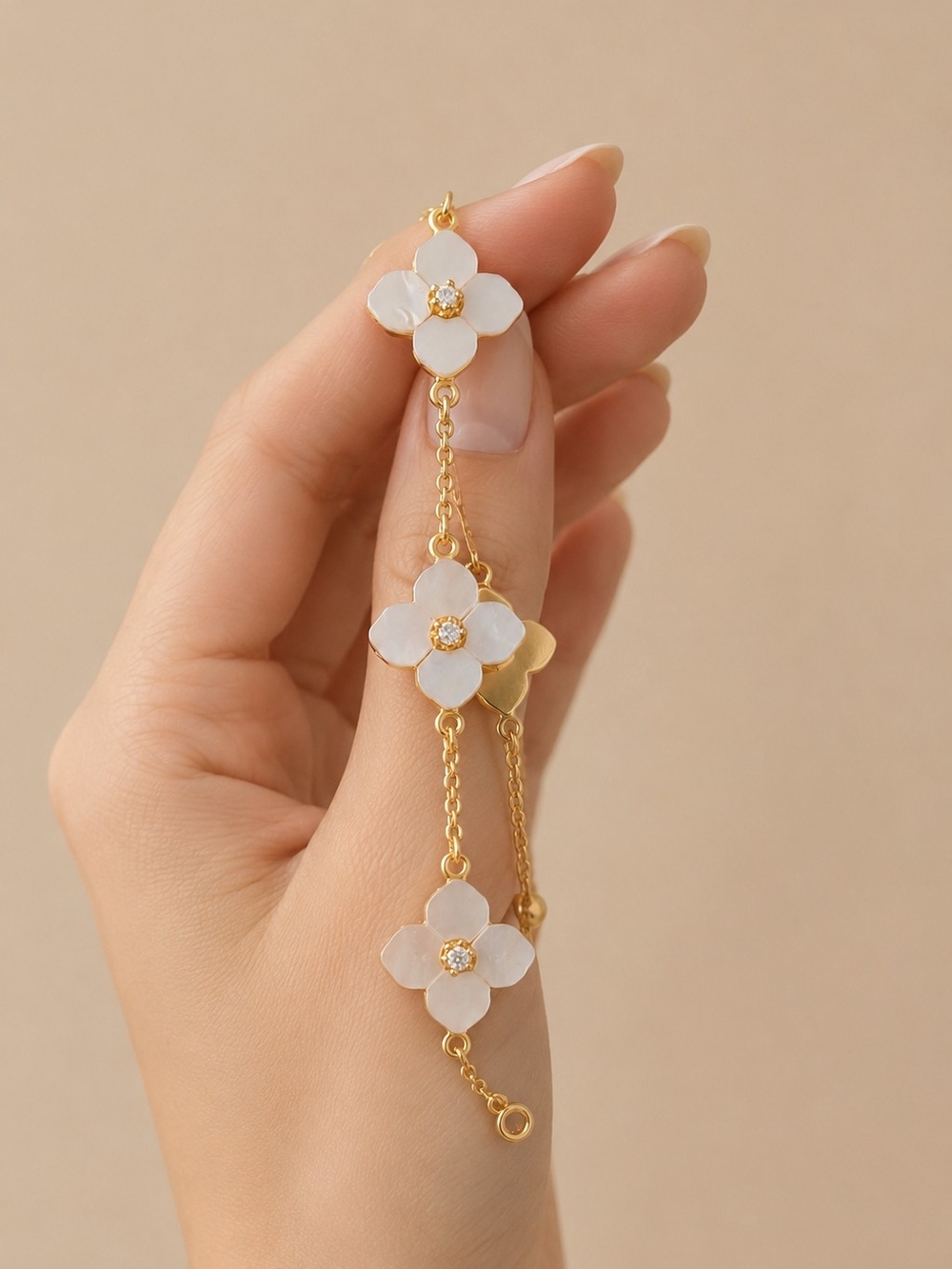 Gold Bracelet with White Floral Charms - Women Jewelry - Picture 2 of 5